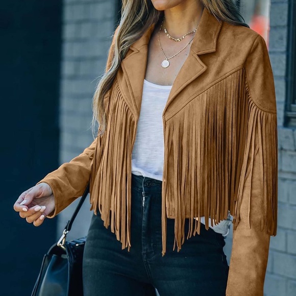Brown Fringe Faux Suede Leather Cowboy Style Long Sleeve Coat - Picture 14 of 14